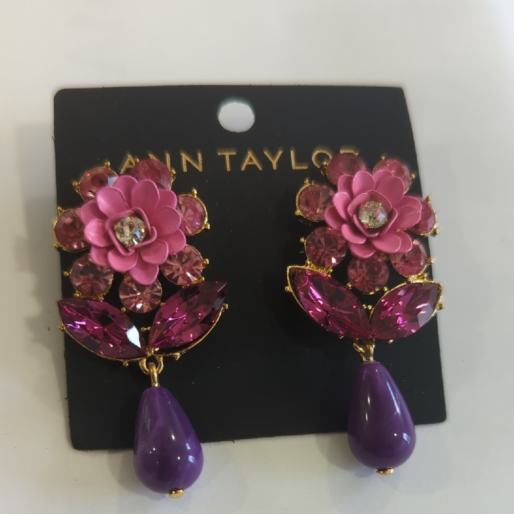 Ann Taylor Pink and Purple Flower Drop Earrings with Gold Accents - Picture 2 of 7
